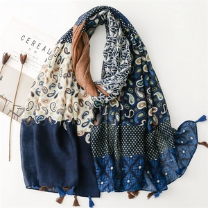 Vintage Ethnic Paisley Splicing Shawl Scarf With Tassels Polyester Bali Yarn Sun Protection Travel Wrap For Women