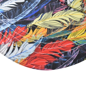 Close-up of colorful feather print cotton baseball cap with white decorative stitching