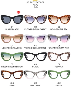 Collection of 12 color options for stylish cat-eye sunglasses and fashion glasses