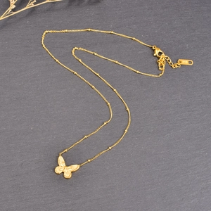 Minimalist 18K gold-plated stainless steel bead chain necklace with 3D butterfly pendant