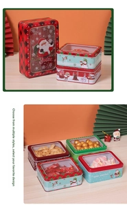 Detail of Christmas tin box with transparent window lid showing cookies and candy