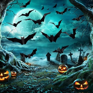 Détail des stickers muraux chauve-souris 3D Halloween dans un décor de cimetière hanté