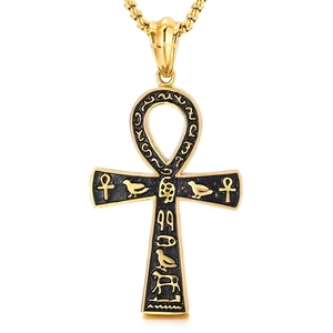 Pendentif croix Ankh égyptienne dorée avec hiéroglyphes et chaîne en métal
