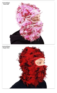 Detail of knitted camo balaclava featuring fringed texture in rose red and red