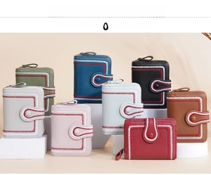 Collection of short women's wallets in eight colors with litchi texture and contrast stitching