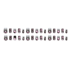 Gray gradient press-on nails set featuring cartoon poodle, stars and moon patterns