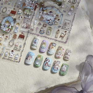 Cute embossed cartoon dog nail stickers for kids featuring princess and castle designs