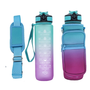 Detail view of gradient blue-purple water bottle with SBR protective sleeve and shoulder strap