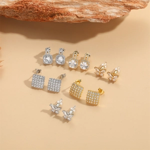 French Vintage Zirconia Stud Earrings Square Butterfly Design Copper Gold Silver Plated Fashion Jewelry For Women Party Gift