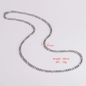 Close-up of 4.5mm silver Figaro chain necklace with length and weight specifications