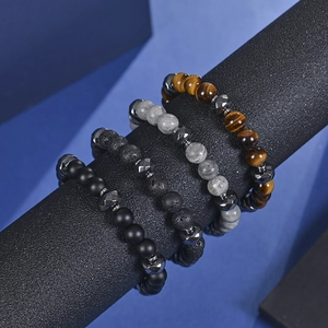 Set of four 8mm natural tiger eye and lava stone beaded bracelets for men and women