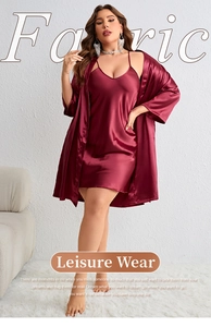 Detail view of burgundy satin nightgown set including v-neck slip dress and matching robe