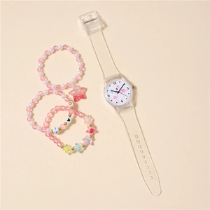 Set dettagliato con orologio fenicottero con cinturino trasparente e tre braccialetti