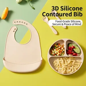 Pink food-grade silicone baby bib with adjustable strap, 3D pocket and tableware set