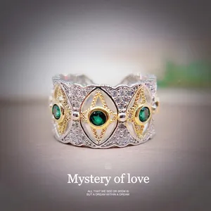 French Vintage Emerald Green Zirconia Jewelry Set Copper Two-Tone Gold Silver Hollow Star Moon Eye Ring And Stud Earrings