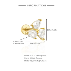 Technical drawing of 925 sterling silver clover earrings with AAAAA cubic zirconia dimensions