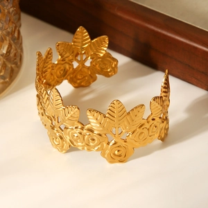 Exquisite 18K gold plated branch leaf and flower stainless steel open cuff bracelet