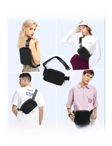 Versatile black nylon belt bag shown in multiple wearing styles with adjustable strap buckle