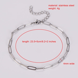 Silver stainless steel paperclip chain anklet with lobster clasp and adjustable length