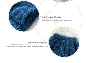 Detail of blue plush trousers with elastic waistband and side pockets for kids