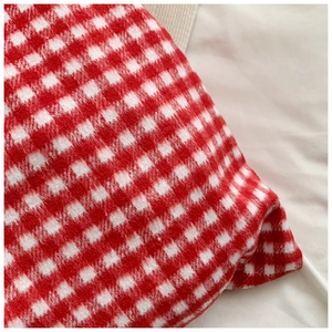 Close-up of red and white checkered fabric texture on a large shoulder tote bag