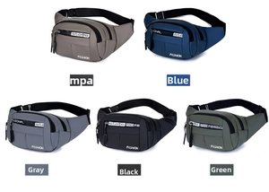 Waterproof crossbody waist bags shown in champagne, blue, grey, black, and green colors