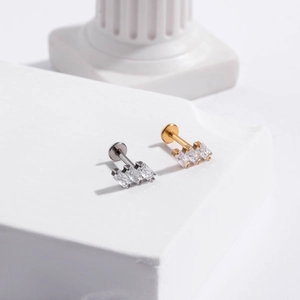 G23 titanium push-pin labret with triple rectangular zircon moon design in silver and gold