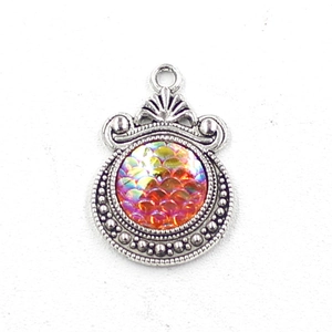 Retro silver 12mm moon scale pendant charm with iridescent mermaid pattern