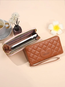 Quilted heart women's long PU leather wallet with zipper closure and wrist strap