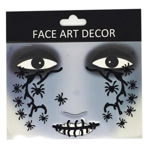 Detail of Halloween face art stickers featuring black spider web and stitched mouth patterns