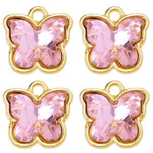 Pink crystal butterfly charms with gold-plated alloy frames for DIY jewelry crafts