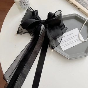 Elegant large black bow hair clip with mesh ribbon and pearl tassels in French style