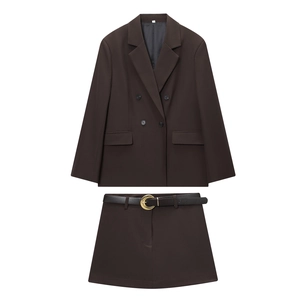 Blazer Croisé Et Jupe-Culotte Avec Ceinture Marron Foncé Couleur Unie Élégant Bureau Pour Femme