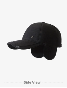 Detail view of black winter baseball cap with ear flaps and Sport Fashion embroidery