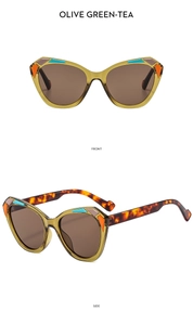 Detailed front and side views of cat-eye glasses frames in olive green and tea tint