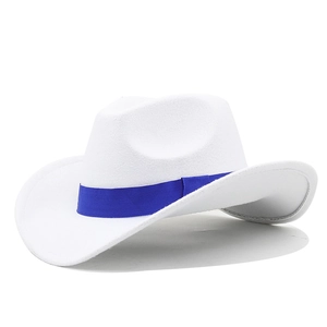 Classic white western cowboy hat with a bright blue ribbon band on a white background