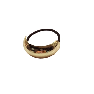 Minimalist golden crescent metal hair tie with polished alloy finish on dark elastic band
