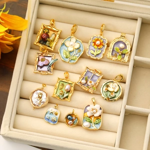 Vintage Oil Painting Style Enamel Pendant With Freshwater Pearl Baroque Copper Floral Zodiac Design For DIY Necklace