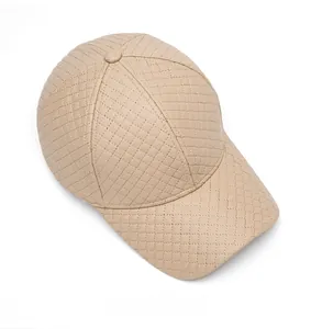 Top view of beige quilted faux leather baseball cap with diamond pattern stitching