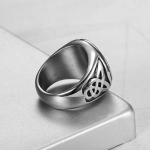 Men's retro Tree of Life stainless steel ring with Celtic knot reliefs and polished edges