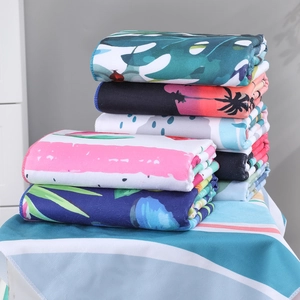 Absorbent quick-dry beach towels with colorful tropical leaf and watermelon prints