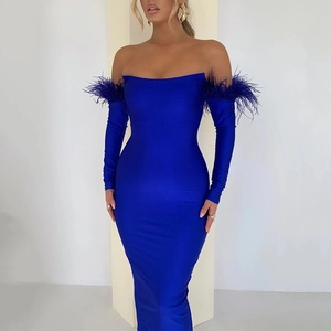 Detailed view of the royal blue dress featuring elegant feather trim on the long sleeves