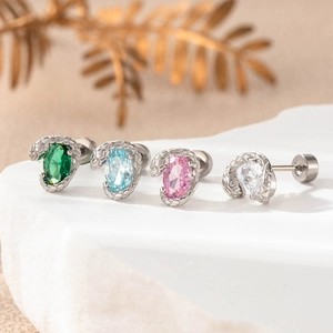 Titanium steel snake earrings with oval cubic zirconia in four vibrant color options