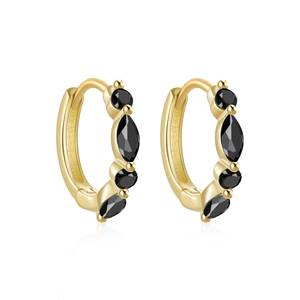 Detailed view of S925 silver hoop earrings with marquise-cut black zircons and pavé setting