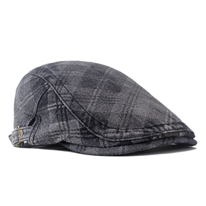 Classic grey denim newsboy cap with jacquard plaid pattern and adjustable metal buckle