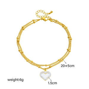 Double-layered gold titanium steel anklet with beaded chain and rhinestone heart pendant