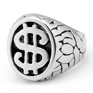 Gothic punk rock style stainless steel signet ring for men with dollar sign design