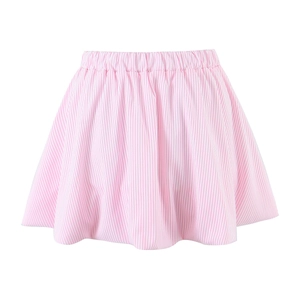 Detailed view of pink and white striped mini skirt featuring elastic waistband and soft pleats