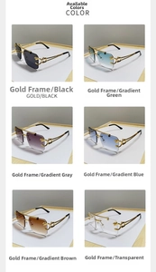 Detail of rimless leopard sunglasses with gold metal temples and panther head embossed design