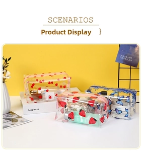 Three-piece set of transparent PVC makeup bags with heart, strawberry and butterfly prints